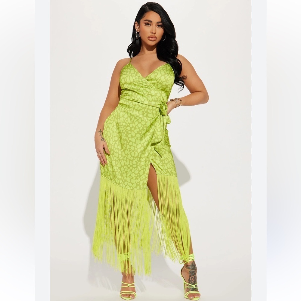 Fringe lime green leopard satin wrap dress L